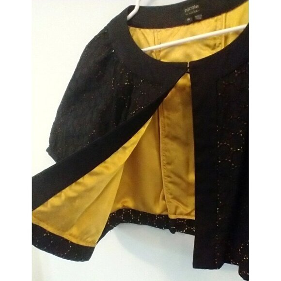 NICOLE MILLER Cropped Jacket Black Eyelet Gold Satin Lined Puff Sleeves - 14 - Picture 2 of 9
